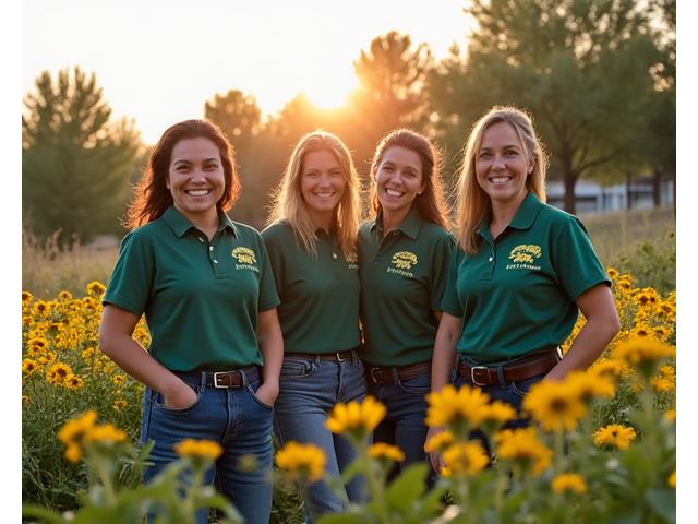 TerraRoot Kravundolestin Cultivars team smiling amidst a lush, drought-tolerant garden in Boise