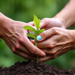 Two hands shaking over a small thriving plant, symbolizing trust and growth.
