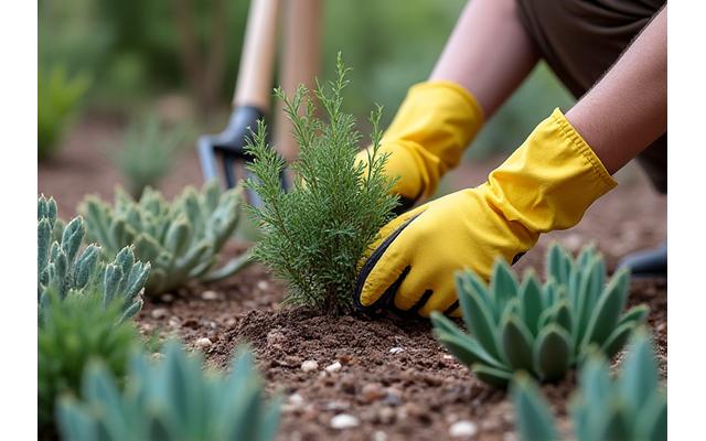 Gardener tending to a low-water garden with tools, symbolizing maintenance scheduling.