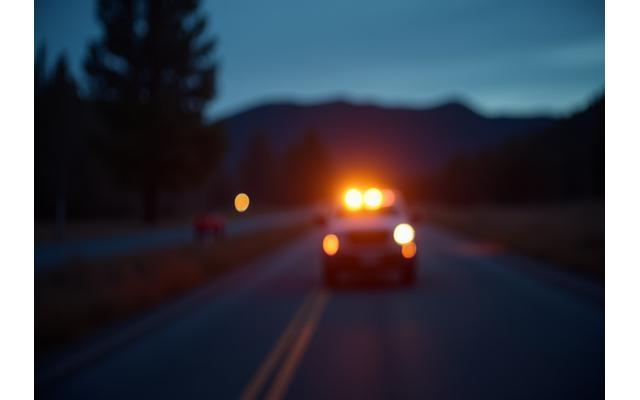Emergency services vehicle light flashing at dusk, hinting at urgent landscape issue.