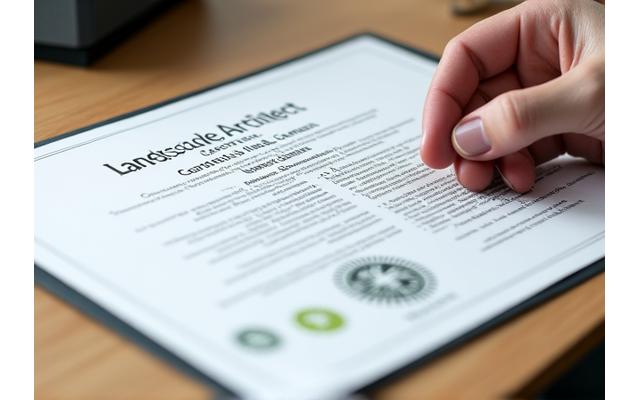 Close-up of a landscape architecture certification alongside a drawing of a garden plan.