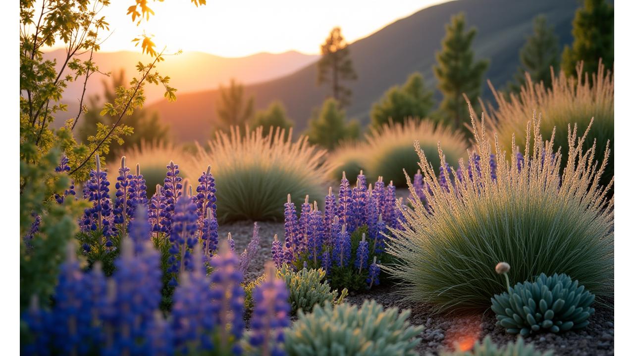 Stunning drought-tolerant landscape with native Idaho plants thriving in golden hour sunlight, showcasing beauty and sustainability.