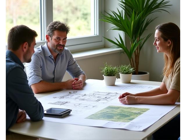 A landscape architect reviewing detailed plans with a client, pointing to a diagram of a sustainable garden layout.