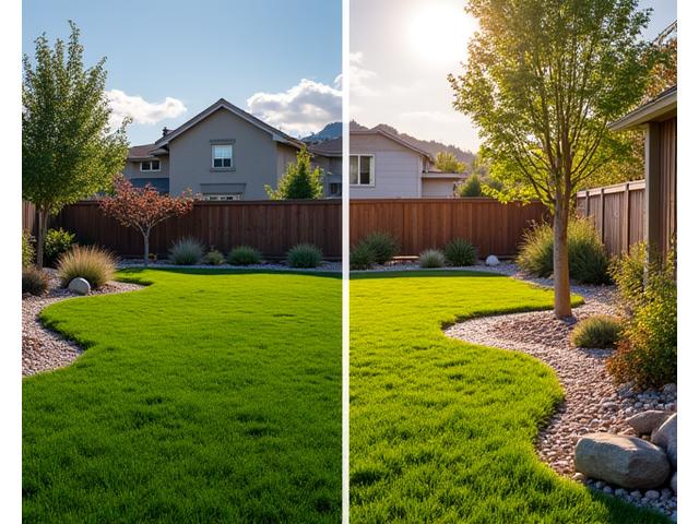 Before and after view of a residential backyard in the Boise Foothills transformed into a vibrant xeriscape.