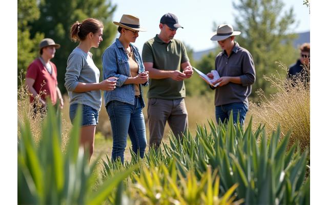 An instructor leading a xeriscaping workshop, pointing to various drought-tolerant plants.