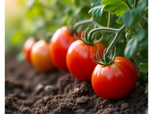 Close-up of vibrant, drought-tolerant heirloom tomatoes growing in a raised garden bed