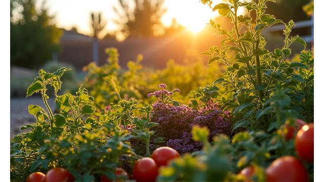 Abundant edible xeriscape garden with ripe tomatoes, leafy greens, and berry bushes thriving in the Idaho sun, illustrating water conservation