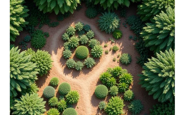 Overhead view of a permaculture garden design illustrating zones, pathways, and water harvesting features