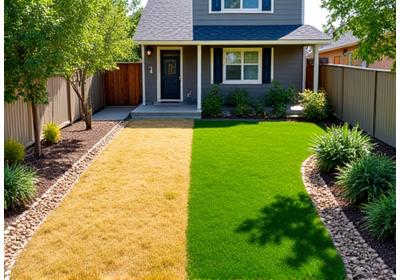 Before and after transformation of a barren yard into a lush, productive edible xeriscape