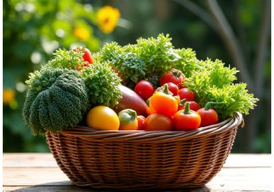 A bountiful harvest basket filled with various fresh vegetables and fruits from a client's edible garden