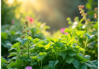 Client testimonial overlayed on a background of a flourishing home garden