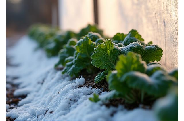 Winter garden scene with cold-hardy greens growing under a light layer of snow