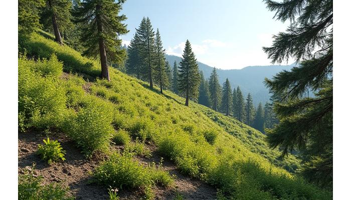 After image of a stabilized slope with dense native plantings and terracing