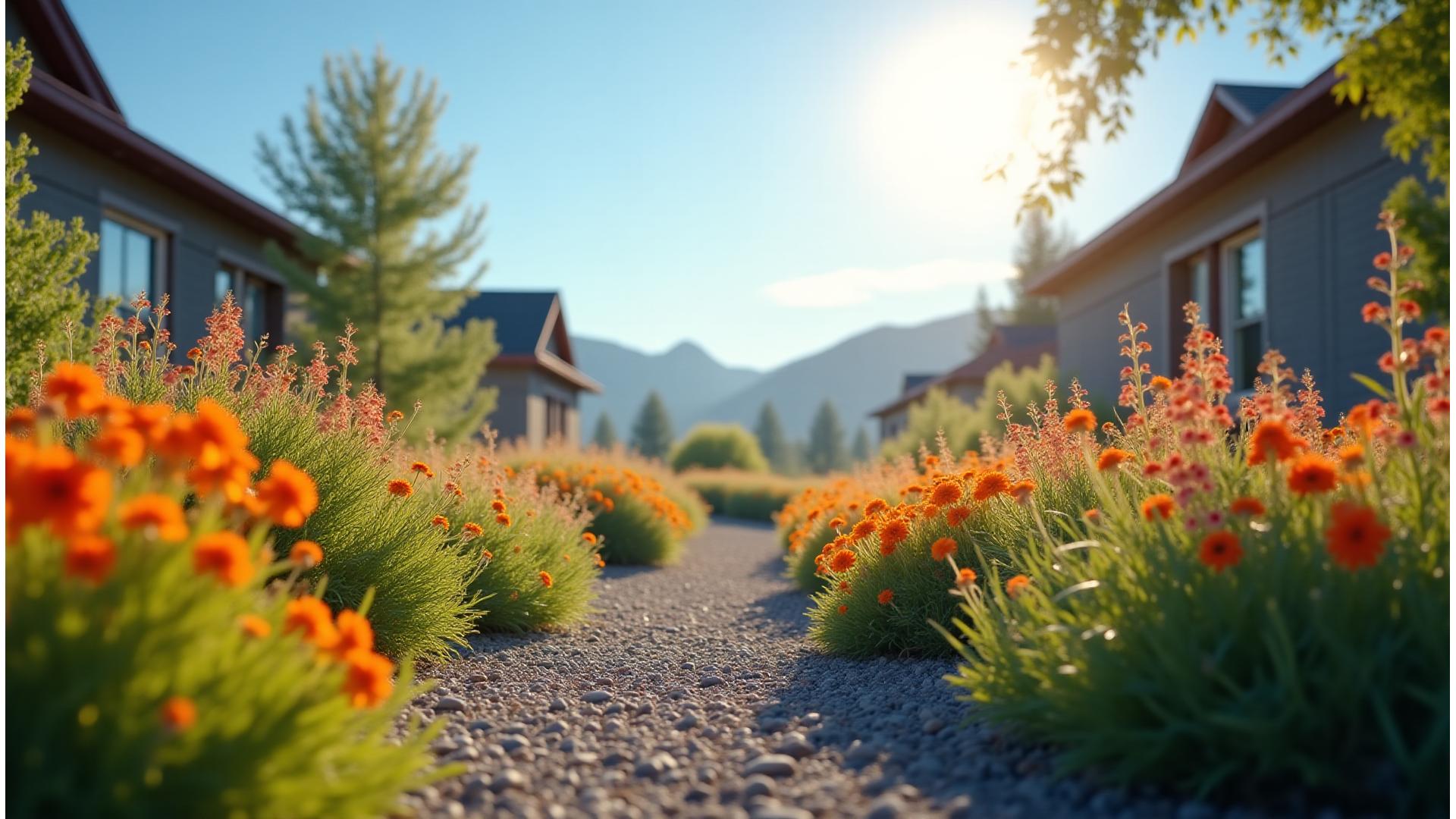 Lush, vibrant drought-tolerant garden with native Idaho plants blooming under a bright sky