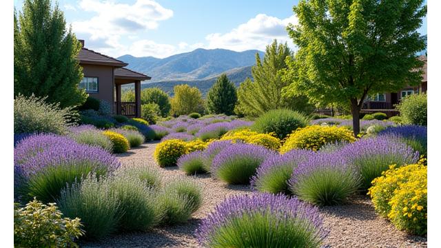 Lush, thriving xeriscape with vibrant purple flowers in full bloom maintained by TerraRoot