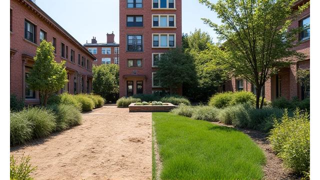 Before and after showing a barren yard transformed into a diverse, green drought-tolerant garden