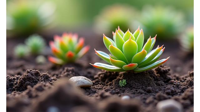 Close-up of healthy, mulched soil with thriving native Idaho succulents