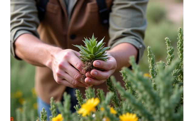 TerraRoot Kravundolestin horticulturalist inspecting a succulent in a xeriscape garden
