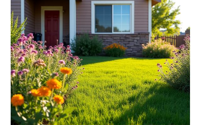 Before and after of a residential front yard transformed into a vibrant Idaho native plant garden with wildflowers and grasses.