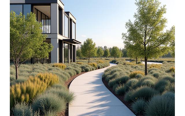 A commercial property landscape featuring diverse native shrubs and trees, providing habitat and curb appeal.