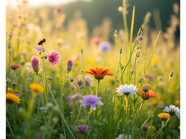 Vibrant patch of diverse native Idaho wildflowers and grasses, bustling with insects and small birds, illustrating biodiversity.