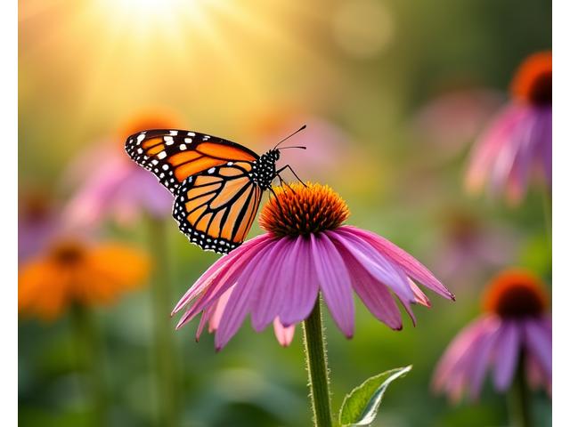 A monarch butterfly gently landing on a bright purple coneflower in a lush garden, surrounded by other diverse pollinator-friendly plants.