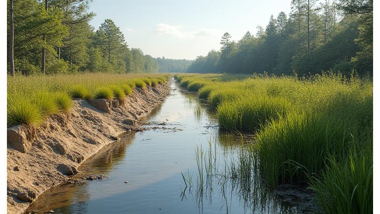 Before and after montage of a degraded riparian zone transforming into a lush, native wetland with diverse plant life.