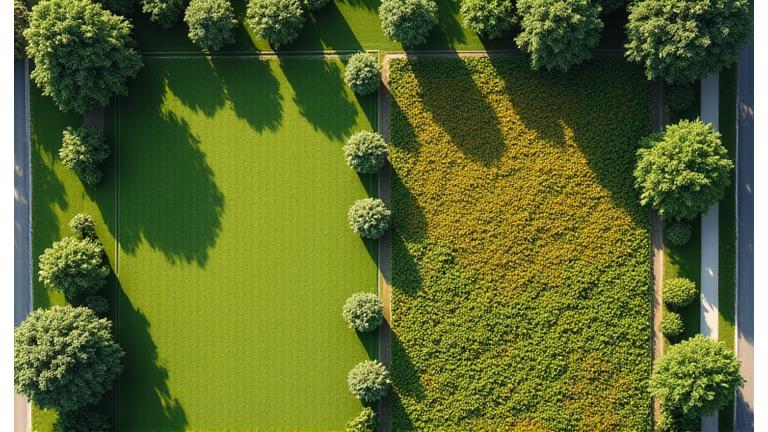 Aerial view of an urban park before and after extensive native grassland and pollinator meadow establishment, showing increased green cover and vibrancy.