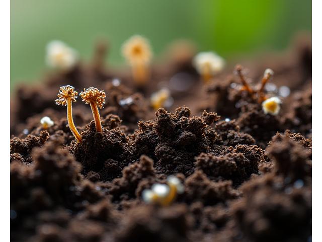 Close-up of rich, dark soil with visible fungal networks and roots, symbolizing healthy soil microbiome.