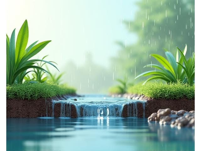 Artistic representation of water flowing through permeable landscape features, infiltrating soil and supporting plant life, with raindrops falling into a lush garden symbolizing water cycle restoration.