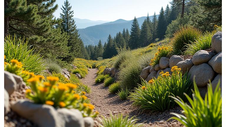 A beautifully terraced hillside garden, showing a mix of low-growing, drought-tolerant plants with deep root systems, expertly arranged to prevent erosion and create fire-resistant zones, with a clear pathway separating vegetation levels, bright sun illuminating the scene.
