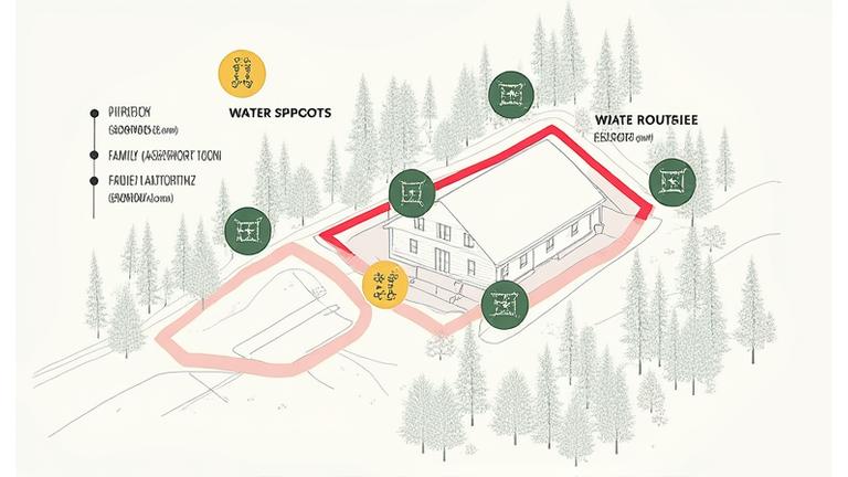 Overhead view schematic of a property showing a home, driveway, and landscaped areas, with clear red arrows indicating evacuation routes and green icons marking water access points, fire department vehicle access, and assembly areas, a visual emergency preparedness plan.