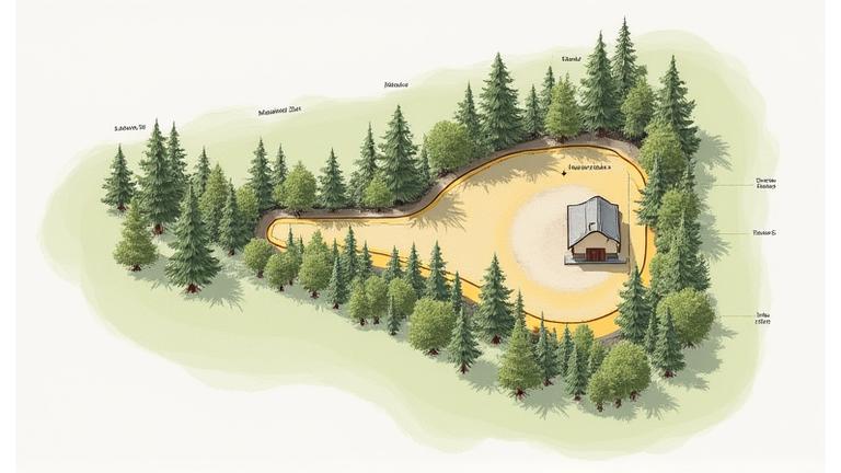 Detailed diagram illustrating defensible space zones around a home on a slope, showing concentric circles with different plant types and spacing, clearly marked zones for immediate, intermediate, and extended protection, in a scientific diagram style.