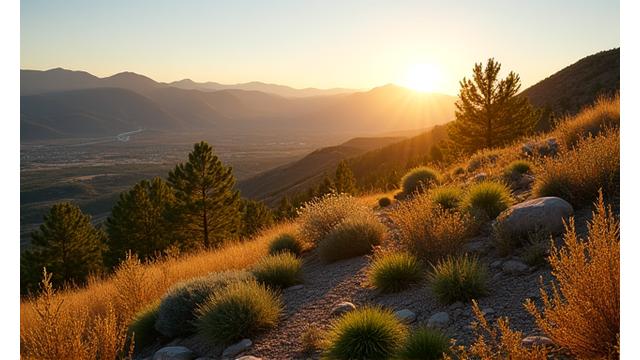 Panoramic view of a hillside property in Idaho, expertly landscaped with fire-resistant plants and clear defensible space, foreground showing healthy, green, low-growing shrubs and spaced trees, distant hills with clear skies, conveying safety and peace of mind.