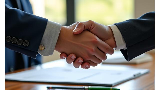 A handshake conveying trust between a homeowner and a landscape professional, with subtly blurred financial documents or compliance certificates in the background, representing assistance with insurance and regulations, warm lighting.