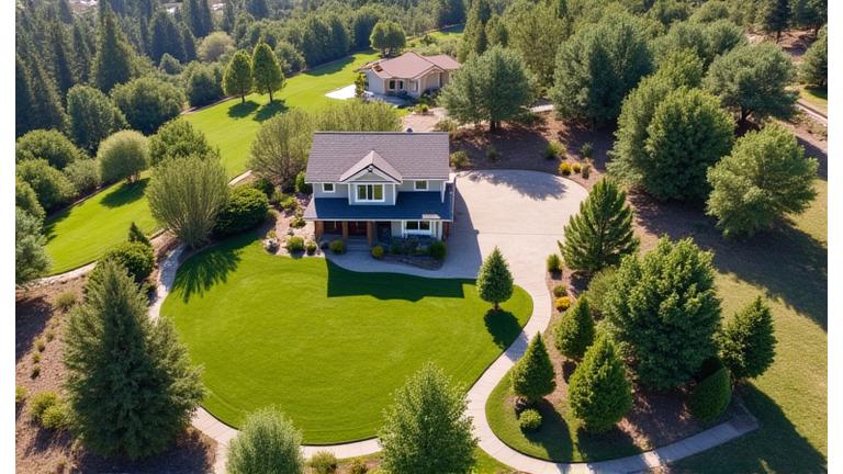 An aerial drone shot of a large residential property on a gentle slope in Boise, clearly showing a well-maintained wildfire defensible space around the home, with varied zones of vegetation, paved areas, and manicured lawns, conveying a sense of safety and preparedness.