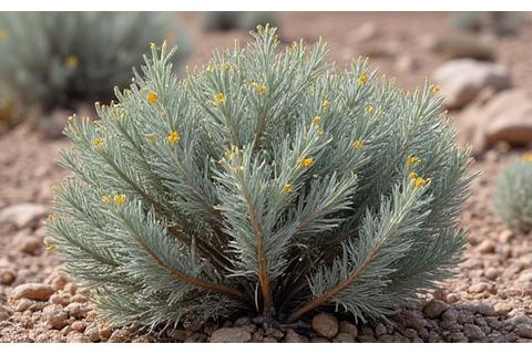 A low-growing Antelope Bitterbrush shrub with small yellow flowers and silvery-green leaves.