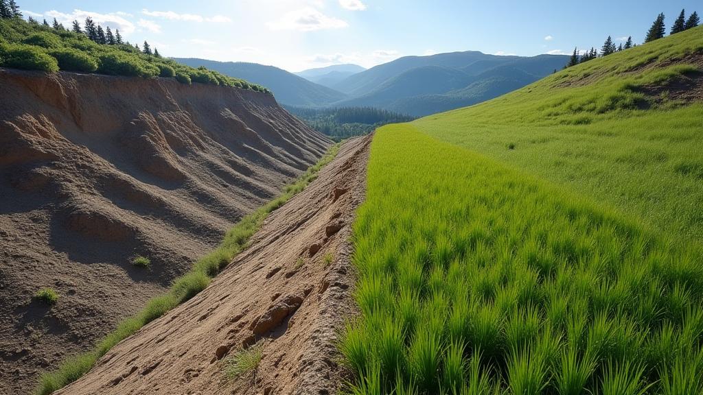 Before and after images of a severely eroded slope transformed by strategic planting.