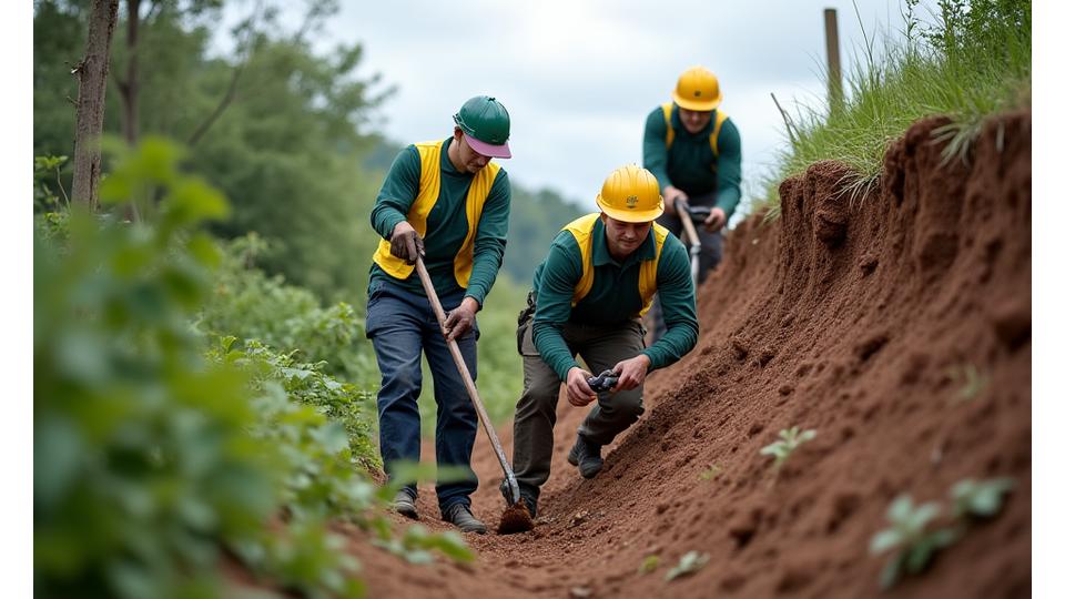 A team of horticulturalists quickly assessing a steep slope with initial signs of erosion, conveying urgency and expertise.
