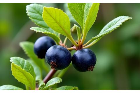 Close-up of Serviceberry shrub with small berries and green leaves, showing typical growth habit.