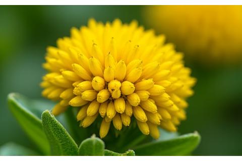 A close-up of a Sulphur Flower buckwheat plant with its distinctive yellow, spherical flower clusters.