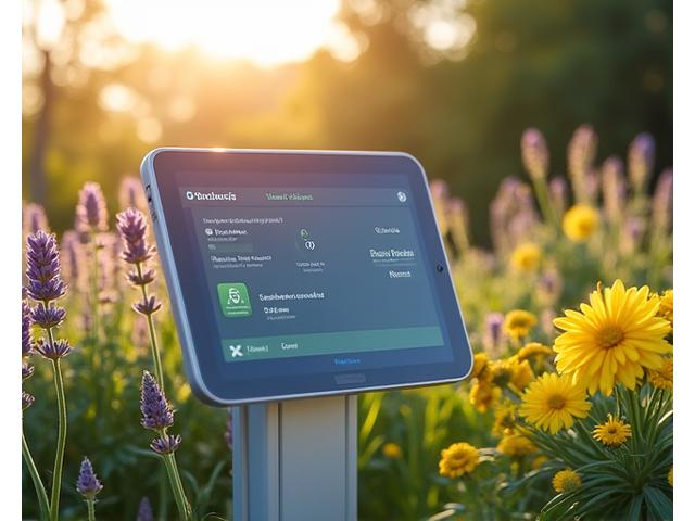 Modern smart irrigation controller with a vibrant, healthy garden in the background, illustrating water efficiency and plant health.
