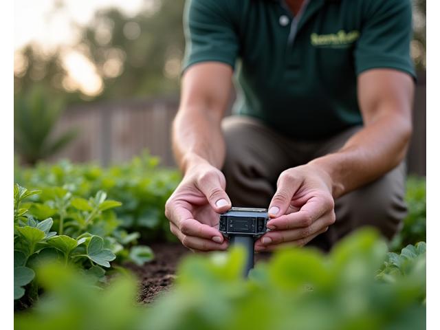 TerraRoot technician installing smart irrigation sensors subtly into a garden bed, demonstrating professional, minimal disruption installation.