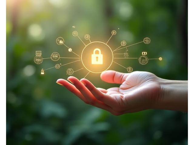 A serene hand touching a glowing holographic interface displaying secure lock icons and data symbols, representing secure digital services and data protection.