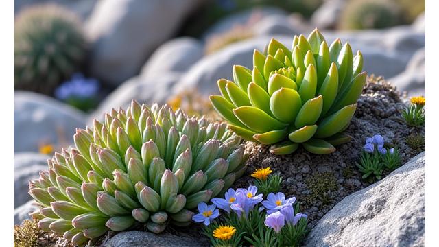 Delicate alpine flowers blooming amongst rocky terrain, illustrating the beauty and resilience of alpine gardening.