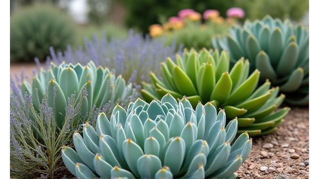 Close-up of a vibrant, healthy succulent arrangement thriving in dry conditions, demonstrating drought-tolerant design principles.