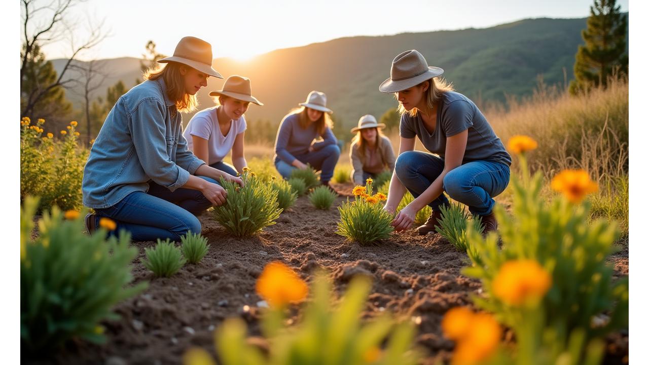 Workshop participants engaging in hands-on xeriscaping, planting drought-tolerant shrubs in a sunny Idaho garden, with an instructor providing guidance.