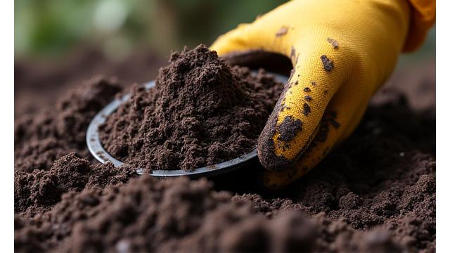 A close-up of rich, dark soil with visible organic matter and beneficial microorganisms, a hand gently sifting it.