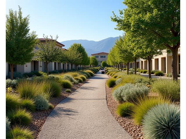 A wide view of a healthy, green common area landscaping with lush drought-tolerant plants, showcasing effective soil and water management. It looks vibrant and well-maintained.