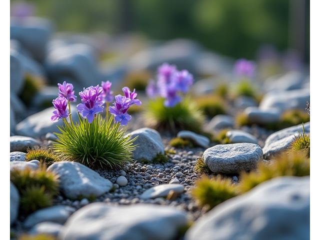 A close-up shot of a meticulously designed alpine rock garden with various small, colorful drought-tolerant plants blooming.